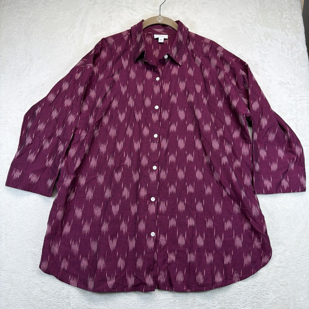 Pure Jill Womens S Burgundy Ikat Print Shirt 3/4 Sleeve Button Front Cotton Boho